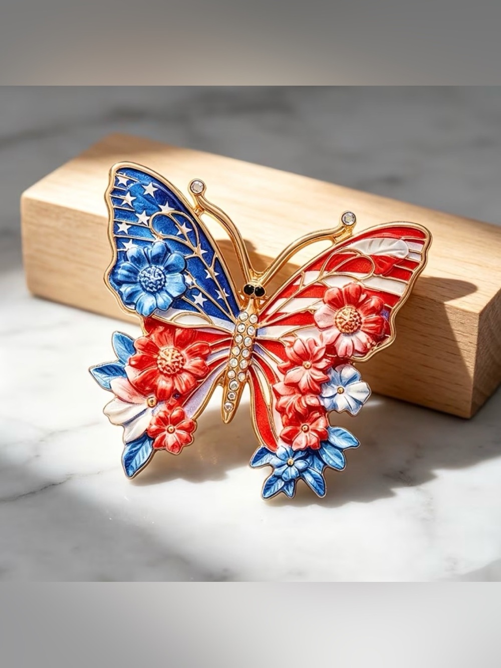 Patriotic Red, White & Blue Butterfly Brooch